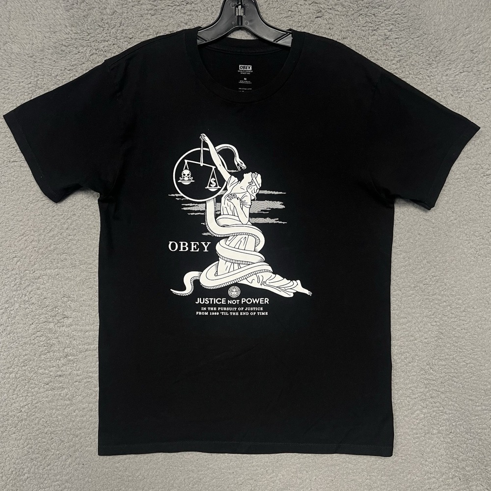 Obey Justice Not Power T Shirt Men Sz M Black Pursuit of Justice Snake Scale Tee